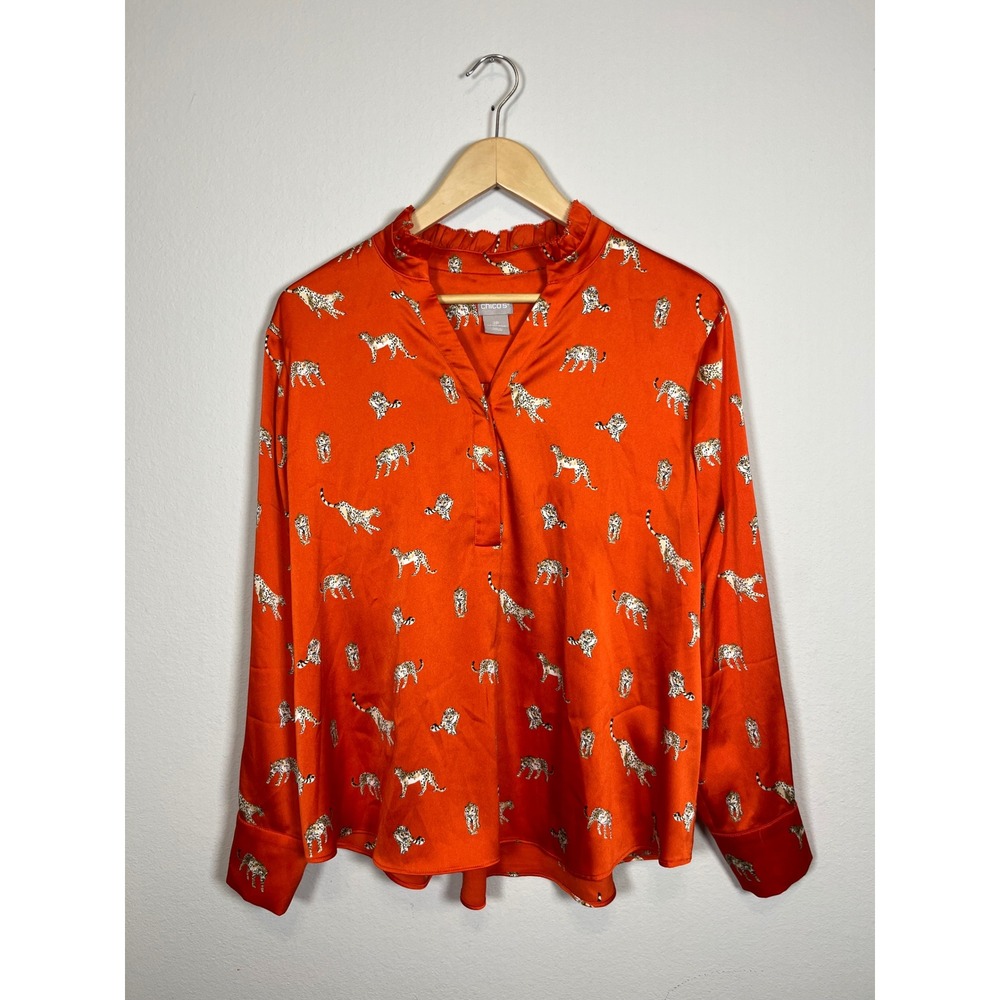 Chico's Red Leopard Print Satin Ruffle Neck Blouse Top Size 2P Large 12/14P